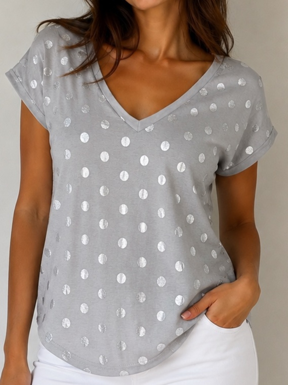 She + Sky Silver Polka Dot V-Neck Top | Gray Short Sleeve Casual Medium Tee